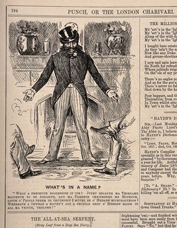 A Jewish man with a lisp trying to disclaim his religion. Wood engraving by G. Du Maurier, 1883.
