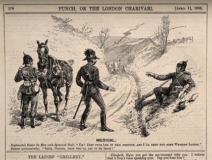 A military doctor prescribing whiskey lotion for a soldier's sprained foot - his patient requesting Irish. Wood engraving by A.C. Corbould, 1885.