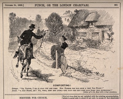A doctor passing by the cottage of a needy patient, shouting reassurance on his way to hunt. Wood engraving by A.C. Corbould, 1885.