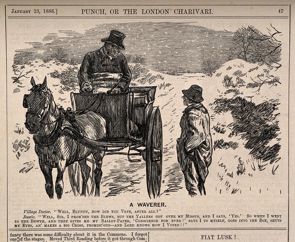 A country doctor out in his horse and trap, enquiring how a farm worker has voted. Wood engraving, 1886.