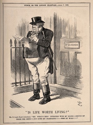 view A dismayed man reading his doctor's recommendations to cut back on aspects of life that he enjoys. Wood engraving by Swains, 1888, after Sir J. Tenniel.