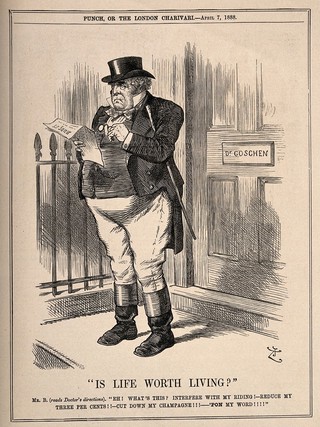 A dismayed man reading his doctor's recommendations to cut back on aspects of life that he enjoys. Wood engraving by Swains, 1888, after Sir J. Tenniel.