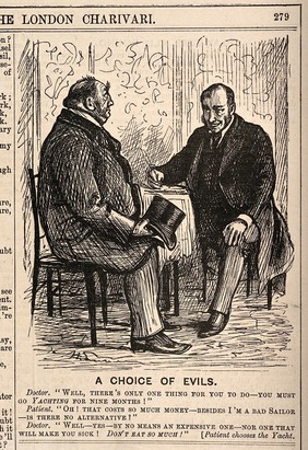 An overweight patient prescribed two alternative treatments by his doctor - nine months yachting or a diet - he chooses to go yachting. Wood engraving after G. Du Maurier, 1888.