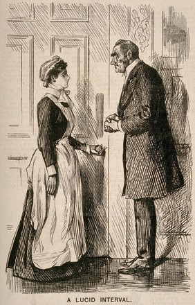 A physician asks a nurse how his patient is: she replies that he is rambling and delirious but the last sensible thing he uttered was an insulting remark about the doctor. Wood engraving, 1891.