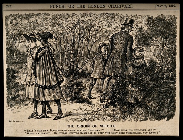 Two girls commenting on the fact that the new doctor's children are ugly as they pass them in the woods - misinterpreting the theory of natural selection. Wood engraving after G. Du Maurier, 1892.
