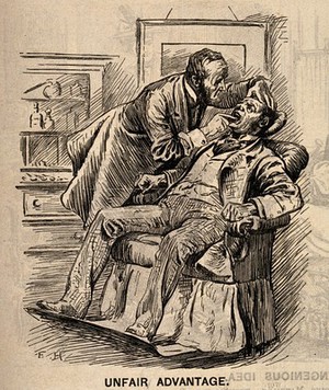 view A Liberal dentist discussing politics and the merits of Gladstone to his patient (a Tory) while the latter is prevented from speaking. Wood engraving by F.H., 1892.