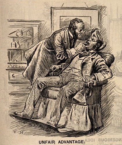 A Liberal dentist discussing politics and the merits of Gladstone to his patient (a Tory) while the latter is prevented from speaking. Wood engraving by F.H., 1892.