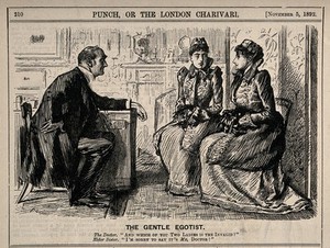 view Two ladies visiting a doctor. Wood engraving by G. Du Maurier, 1892.