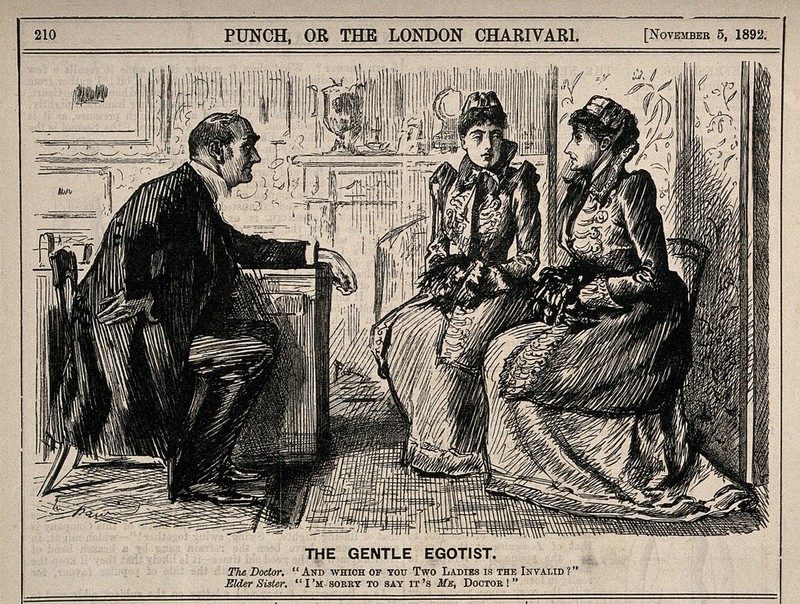 Two ladies visiting a doctor. Wood engraving by G. Du Maurier, 1892., 1892, by George du Maurier