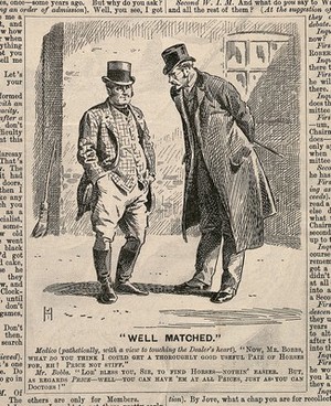 view A doctor asking a dealer about horses, the dealer retorts that like doctors you can buy horses at many different prices. Wood engraving by WIH, 1892.