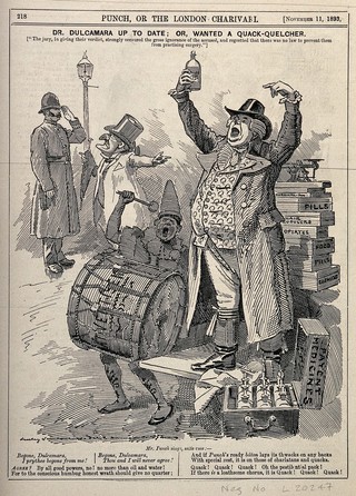 A quack doctor selling his remedies on the streets of London - despite objections. Wood engraving by E.L. Sambourne, 1893.
