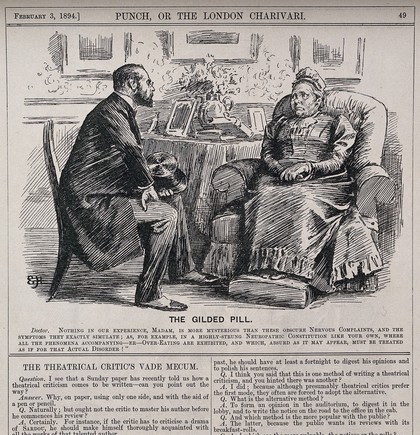 A doctor trying to convince an obese lady that her over-eating problems are psychologically based. Wood engraving by EH, 1894.