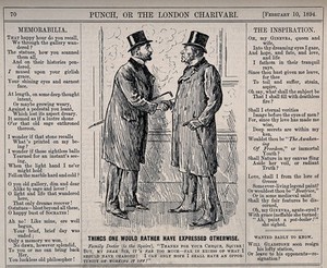 view A doctor expressing his thanks to a wealthy man for overpaying him, he hopes to pay him back in work. Wood engraving by G. Du Maurier, 1894.