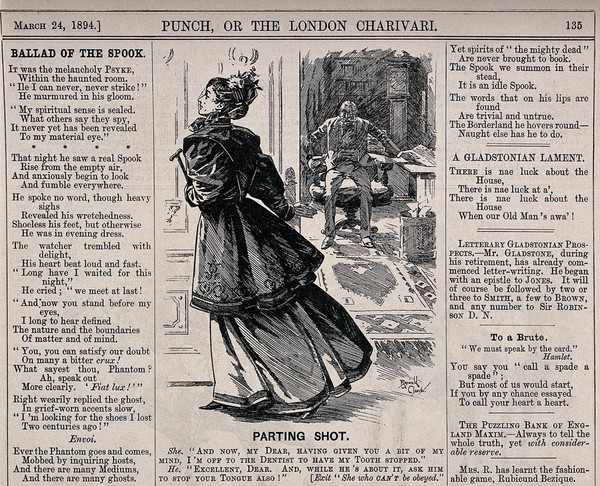 A woman storming out to the dentist after having an argument with her husband; he retorts that he hopes her tongue is fixed also. Wood engraving by R. Cleaver, 1894.