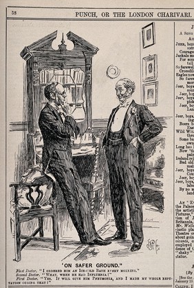 Two physicians discussing a patient: one boasts to the other that he has prescribed a remedy which will aggravate the patient's illness in order to fit the illness to the physician's specialty. Wood engraving by J.B. Partridge, 1896.