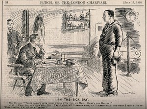 view A seaman telling the ship's doctor that hard work is bad for him. Wood engraving by L. Raven-Hill, 1898.