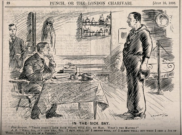 A seaman telling the ship's doctor that hard work is bad for him. Wood engraving by L. Raven-Hill, 1898.