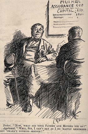 A man being vetted by an insurance salesman. Wood engraving by L. Raven-Hill, 1896.