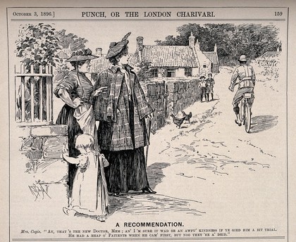 A country woman suggesting to a lady of means that she encourage the local doctor even though all his previous patients have died. Wood engraving by A.S. Boyd, 1896.