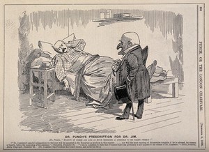 view Sir Leander Jameson ill in bed being visited by Dr. Punch; representing Jameson's involvement with the disastrous Transvaal campaign which heralded the Boer War. Wood engraving after Sir E.L. Sambourne, 1896.