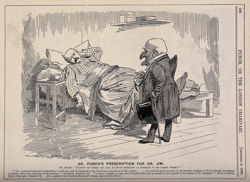 Sir Leander Jameson ill in bed being visited by Dr. Punch; representing Jameson's involvement with the disastrous Transvaal campaign which heralded the Boer War. Wood engraving after Sir E.L. Sambourne, 1896., 1896, by Edward Linley Sambourne