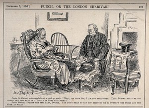 view A gouty man talking to his doctor who is totally unsympathetic after discovering that his patient had finished off a bottle of port the previous evening. Wood engraving by B. Partridge, 1896.