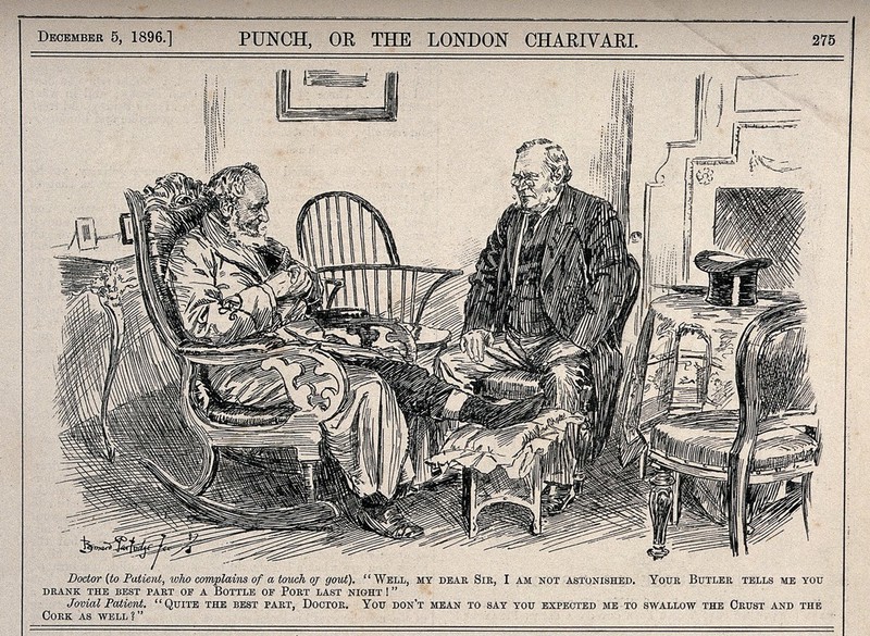 A gouty man talking to his doctor who is totally unsympathetic after discovering that his patient had finished off a bottle of port the previous evening. Wood engraving by B. Partridge, 1896., 1896, by John Bernard Partridge