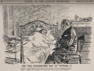 view A doctor reassuring a patient that he can cure him. Wood engraving by B. Partridge, 1898.