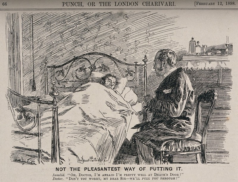 A doctor reassuring a patient that he can cure him. Wood engraving by B. Partridge, 1898., 1898, by John Bernard Partridge