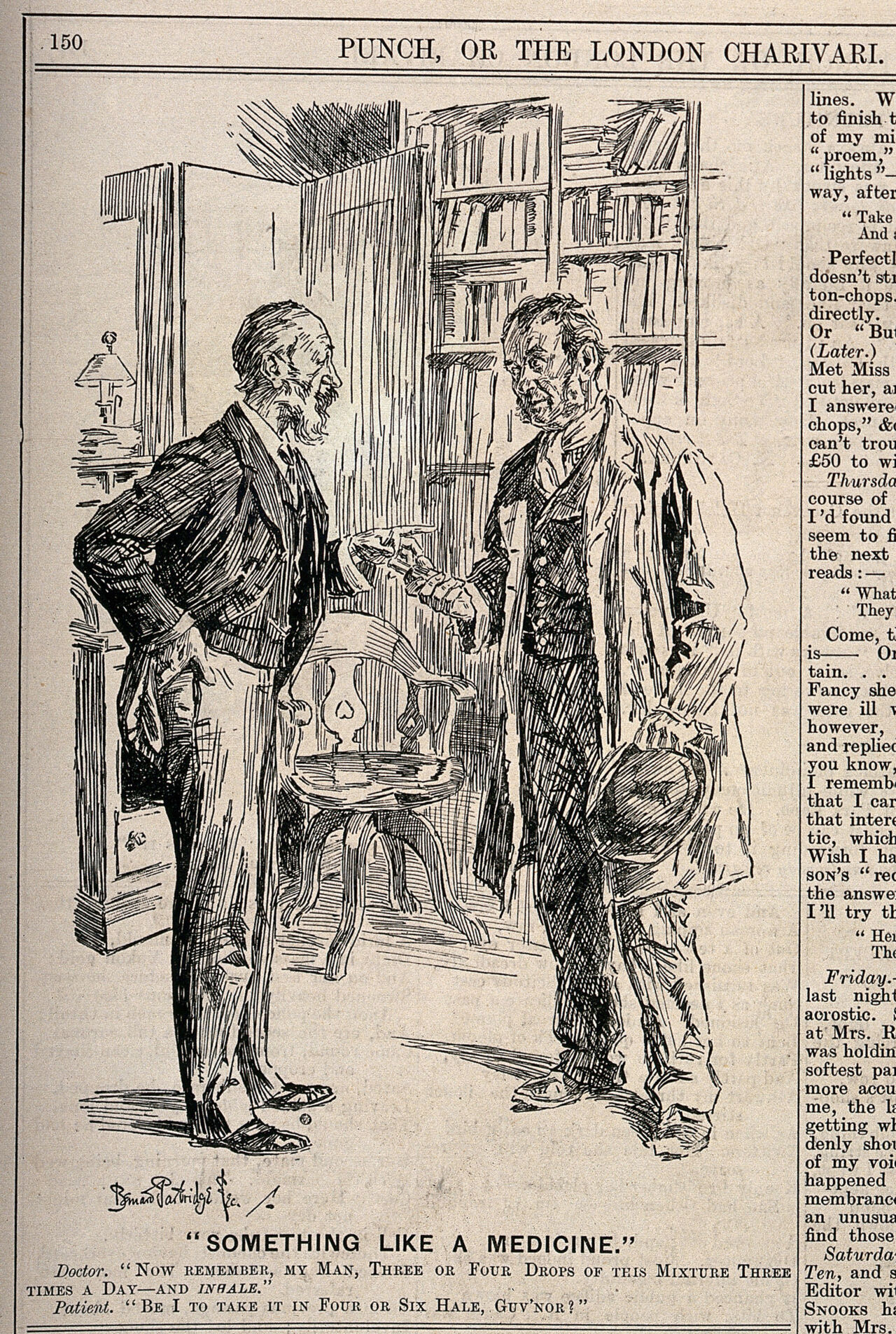 A patient completely misunderstanding a doctor. Wood engraving by B. Partridge, 1898., 1898, by John Bernard Partridge