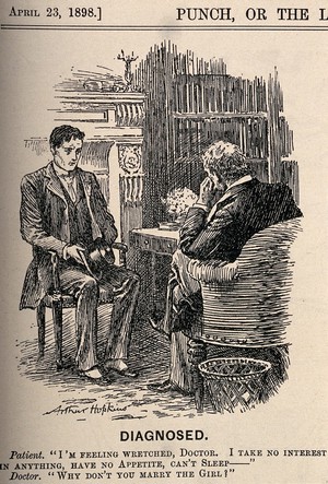 view A doctor diagnosing an ill young man as suffering from lovesickness. Wood engraving by A. Hopkins, 1898.