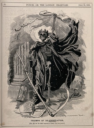 Death as a skeletal figure wielding a scythe: representing fears concerning the Vaccination Act 1898 which removed penalties for not vaccinating against smallpox. Wood engraving by Sir E.L. Sambourne, 1898.