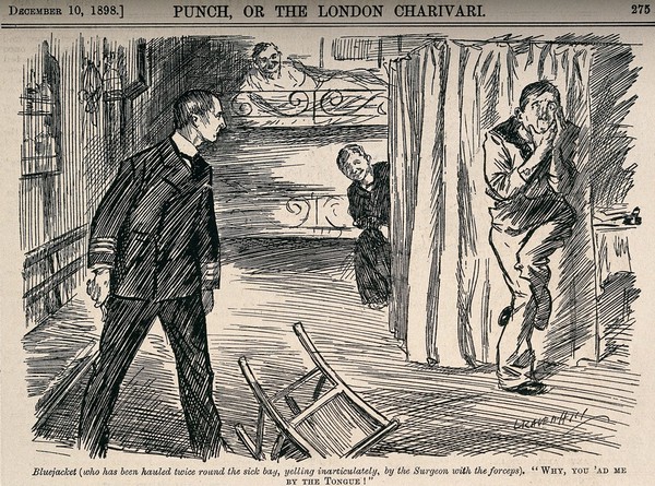 A sailor running away from the ships dentist who is attempting to pull out one of his teeth. Wood engraving by L. Raven-Hill, 1898.