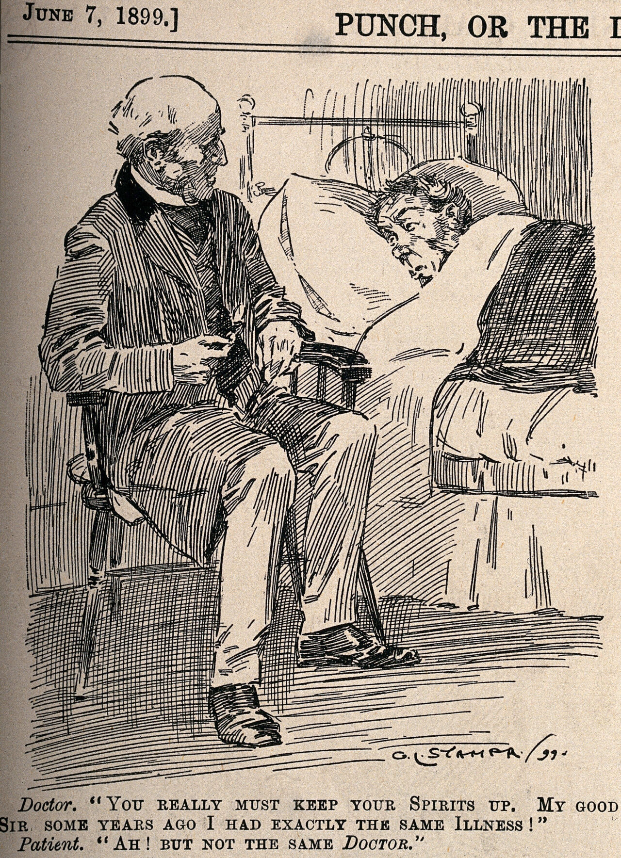 A doctor trying to reassure a patient by informing him that he himself had recovered from the same illness, the dismayed patient points out that he had a different doctor. Wood engraving by G.L. Stamper, 1899., 1899, by George Loraine Stampa