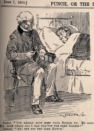 A doctor trying to reassure a patient by informing him that he himself had recovered from the same illness, the dismayed patient points out that he had a different doctor. Wood engraving by G.L. Stamper, 1899.