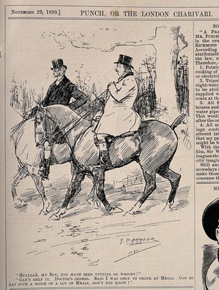 A man remarking to his friend, while out hunting, that he has put on weight; the other replies he is simply following doctor's orders. Wood engraving by G.D. Armour, 1899.