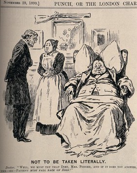 A doctor recommending a specific diet to his obese patient's servant. Wood engraving by G. Browne, 1899.