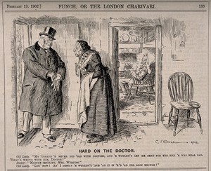 view A doctor visiting a senile old man and discussing his verdict with the patient's wife. Wood engraving by C.E. Brock, 1902.