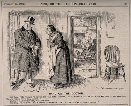 A doctor visiting a senile old man and discussing his verdict with the patient's wife. Wood engraving by C.E. Brock, 1902.