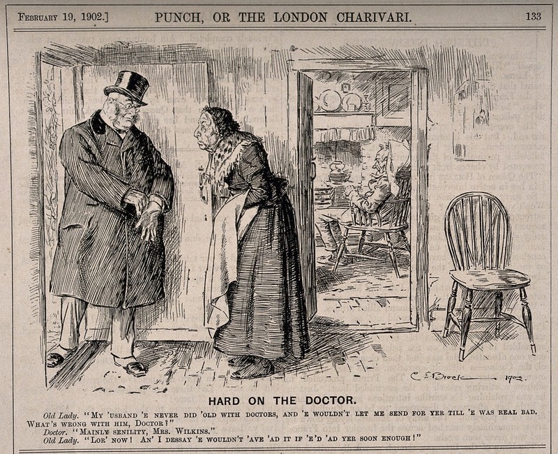 A doctor visiting a senile old man and discussing his verdict with the patient's wife. Wood engraving by C.E. Brock, 1902., 1902, by Charles Edmund Brock