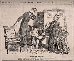 view A doctor checking on his convalescing patient. Wood engraving by C.E. Brock, 1902.