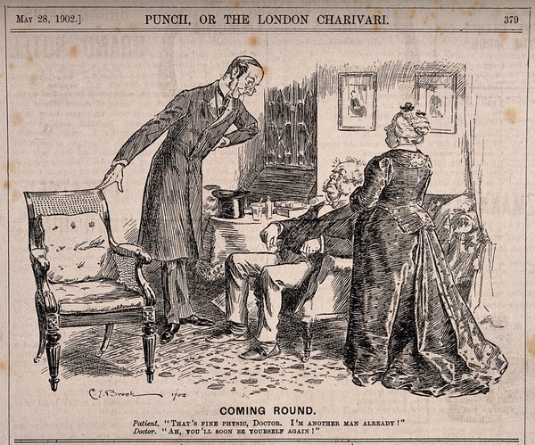 A doctor checking on his convalescing patient. Wood engraving by C.E. Brock, 1902.