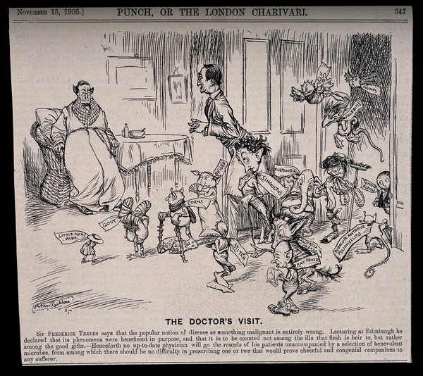 A doctor visiting a patient with a variety of microbes to improve the patient's health. Wood engraving after A. Rackham, 1905.