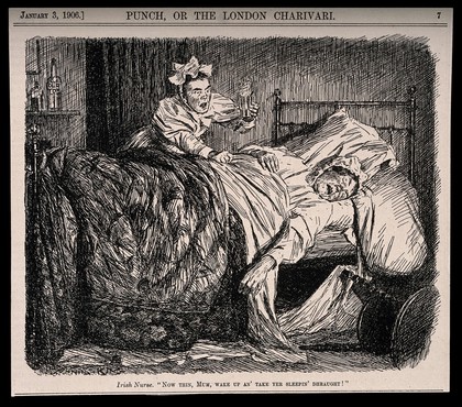 A nurse attempts to wake up one of her patients who has just died. Wood engraving by G. King, 1906.