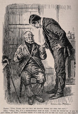 view A physician examining an elderly patient in his surgery. Wood engraving by Gunning King, 1906.