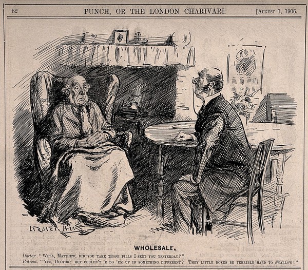 A doctor asking an elderly patient if he has taken a box of pills that he has prescribed, the patient retorts that he found the boxes difficult to swallow. Wood engraving by L. Raven-Hill, 1906.
