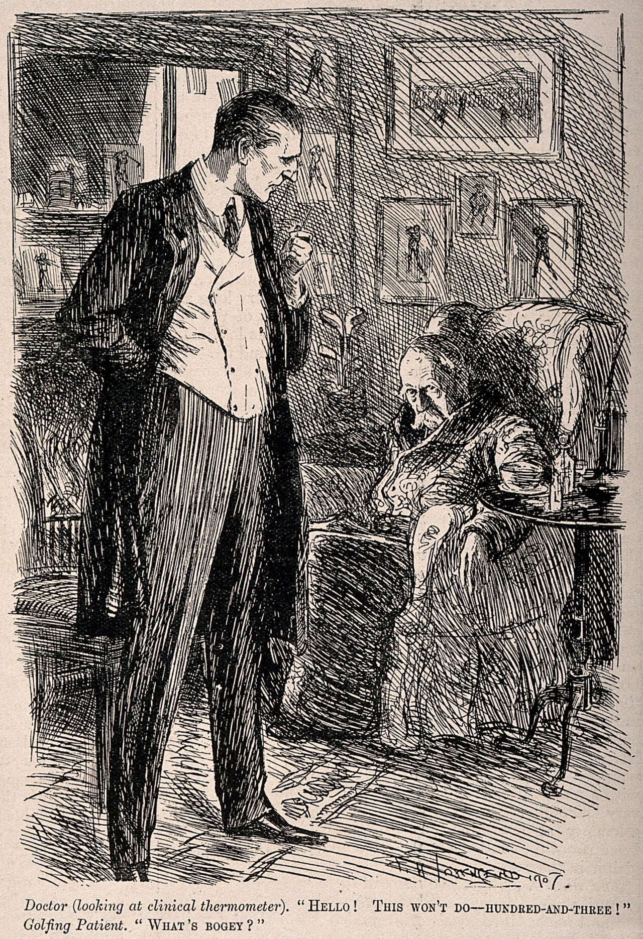 A doctor examining a thermometer after taking the temperature of an elderly golfing fanatic. Wood engraving by F.H. Townsend, 1907., 1907, by F. H. Townsend