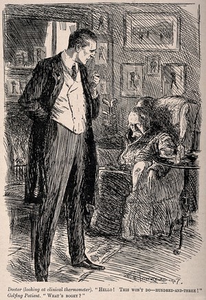 view A doctor examining a thermometer after taking the temperature of an elderly golfing fanatic. Wood engraving by F.H. Townsend, 1907.