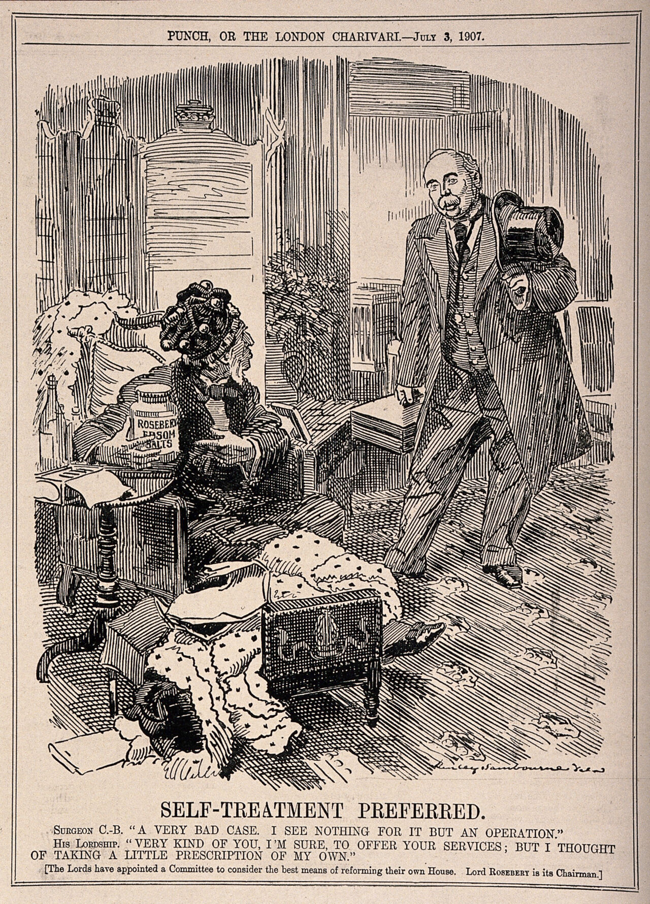 A doctor visiting a patient who insists on self medication; representing Lord Rosebery's chairmanship of a committee advocating reform in the House of Lords. Wood engraving by Sir E.L. Sambourne, 1907., 1907, by Edward Linley Sambourne