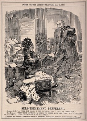 A doctor visiting a patient who insists on self medication; representing Lord Rosebery's chairmanship of a committee advocating reform in the House of Lords. Wood engraving by Sir E.L. Sambourne, 1907.